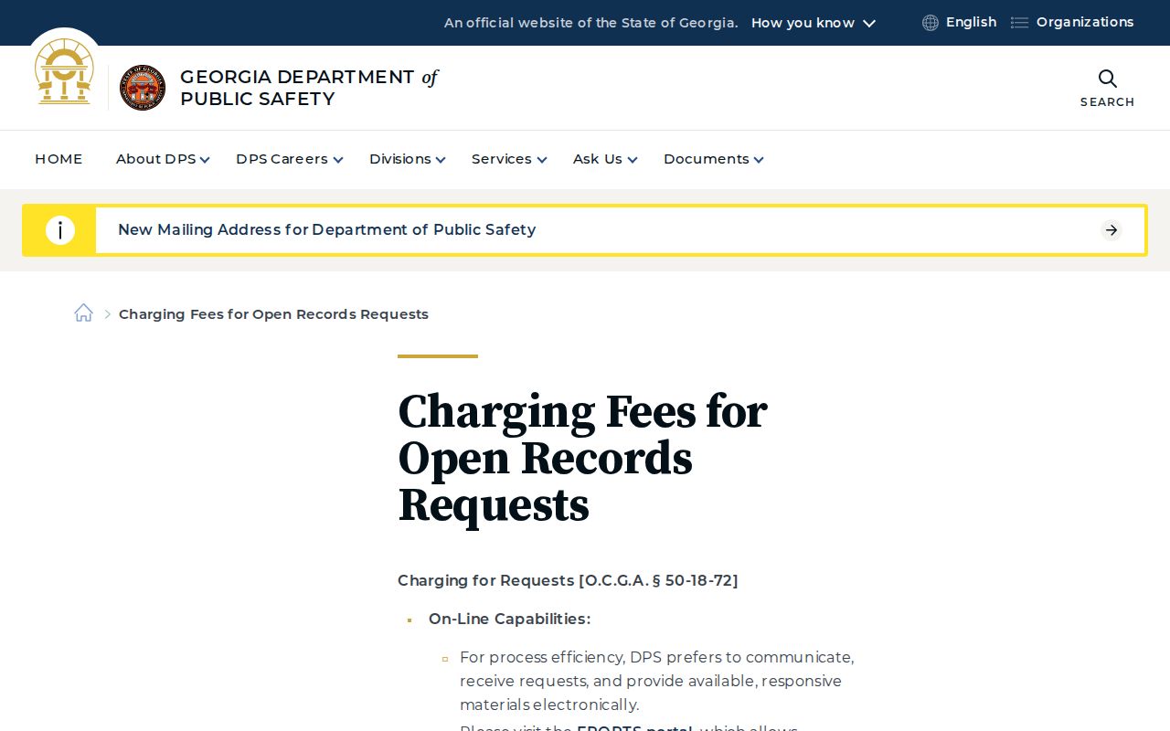 Georgia DPS official fees for crash, incident, citation, photograph, and video records