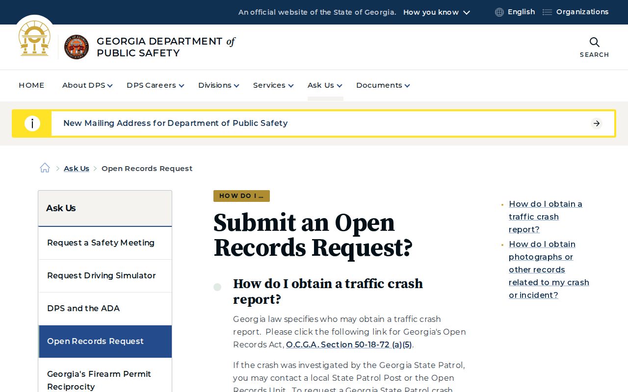 Georgia DPS instructions for requesting State Patrol crash and incident records
