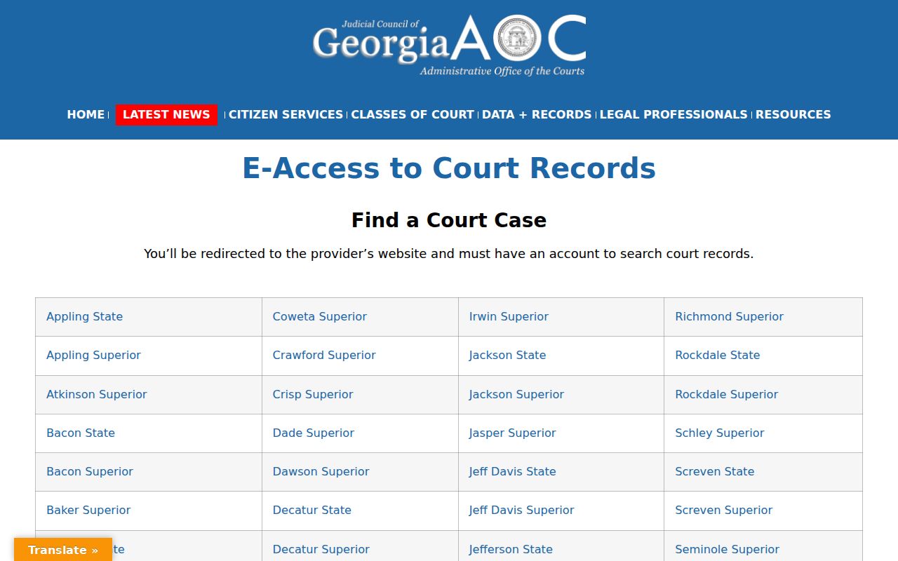 Georgia E-Access directory listing Dawson Superior Court