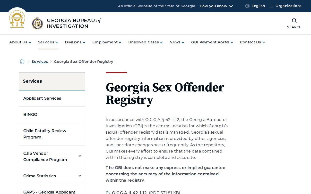 Georgia Bureau of Investigation sex offender registry entry page